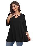 LARACE Criss Cross Tops For Women 3/4 Sleeve V Neck T-shirts Plus Size Tunic For Leggings Casual Fall Clothes(Black 3X)