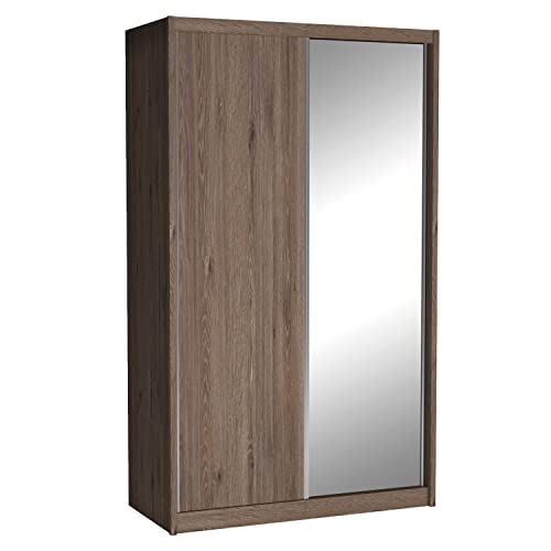 Preisvergleich Produktbild Cool24 Karol Kleiderschränke - Modern Schwebetürenschrank - Kleiderschrank mit Spiegel und Kleiderstange - Schlafzimmerschrank 140 cm mit 7 Regale - Kleiderschrank Schokolade - Schrank Schlafzimmer
