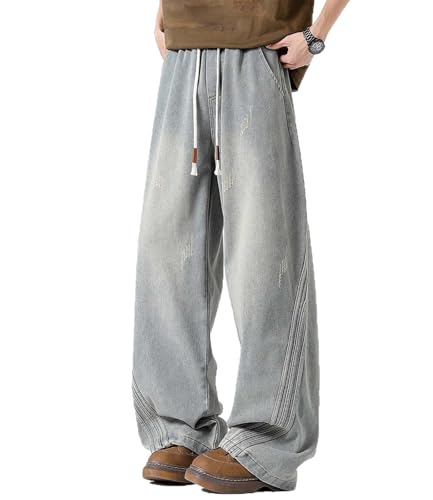 Baggy Jeans for Men Y2K Striped Design Low Rise Straight Leg Vintage Casual Denim Pants Harajuku Fashion Streetwear