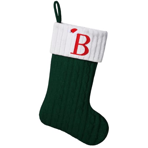 Yehnois 19" Personalized Green Knit Christmas Stockings,Embroidered Initial
