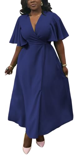 Image of Summer Dresses for Women Semi-Formal Fit Casual Short Ruffle Sleeve V Neck Elegant Swing Split Long Maxi Dresses