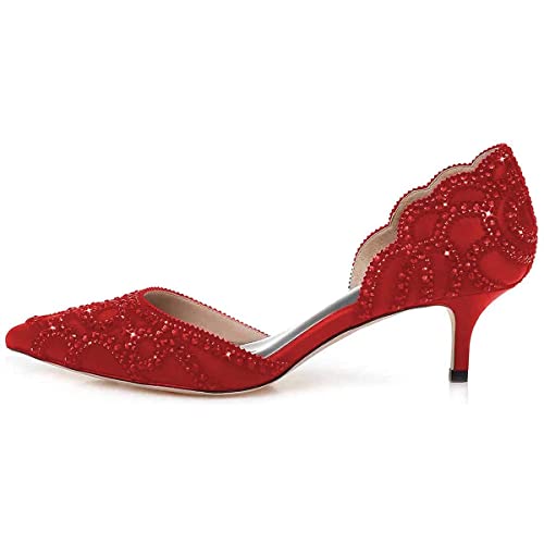 Image of XYD Women's Pumps, Elegant Pointed Toe, D'Orsay Kitten Low Heels, Rhinestone Studs, Slip-On Satin Shoes for Wedding