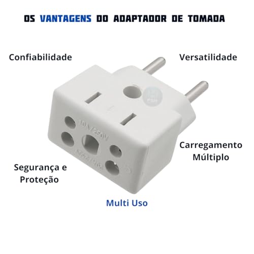 KIT 3 Adaptadores De Tomada Compacto Portátil Branco,10A/20A Para 2 e 3 Pinos Bivolt 110V/220V, Para