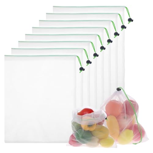 Netzbeutel mit Kordelzug,8 PCS Wiederverwendbare Obstnetz Gemüsenetz 35 x 30 cm Einkaufsnetz aus Nachhaltigem Mesh für Lebensmittel Spielzeug & Nachhaltigen Haushalt waschbar und faltbar