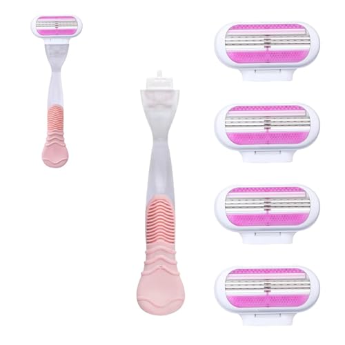4 Cuchillas De Repuesto Para Mujer Con 1 Mango de Acero Inoxidable, Recambios De Cuchillas Venus Mujer, Cuchillas De Afeitar Mujers, Hojas De Afeitar Para Vello Corporal Y Axilas (Rosa)