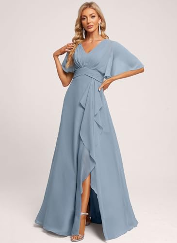 Women's V Neck Chiffon Bridesmaid Dresses with Pockets A Line High Side Ruffles Long Formal Dress DI893
