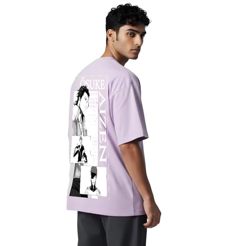 Image of Yume Men's Oversized Aizen Sosuke Anime Printed T-Shirt | 240 GSM Cotton Crew Neck Tee | Lavender & Black Beige Dual-Tone | Bleach Villain Merch | Long Length Drop Shoulder Streetwear (Black)