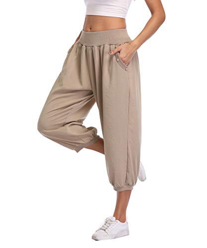 PEIQI Capri Crop Pants Comfy Loose Casual Pants Joggers Pants for Women Sweatpants Lounge Yoga Pants Relax Fit Khaki X-Large