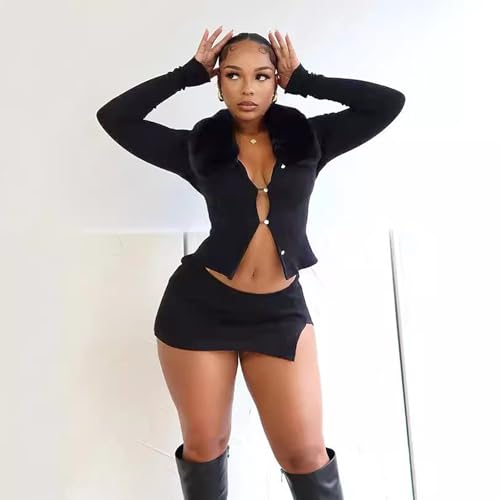 Image of Women Sexy 2 Piece Outfits Rave Tie-up Feather Trim Fur Long Sleeve Cardigan Deep V Blouse