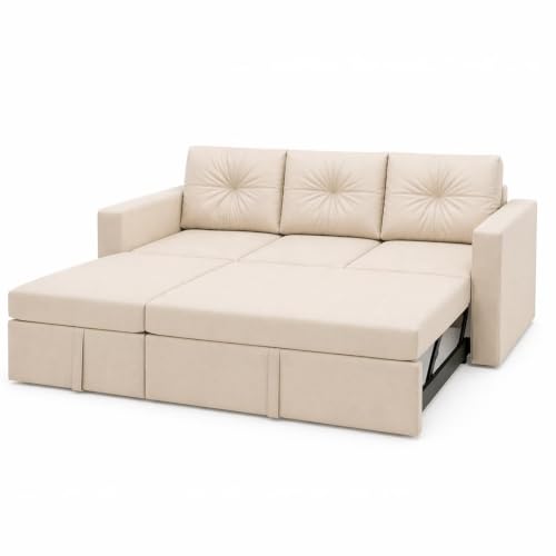 Image of FURNY Tira 4 Seater LHS Lounger Sofa Cum Bed (Cream) with Pull-Out Function | Luxury Velvet Suede Finish | Durable Comfort | Ideal for Living Room