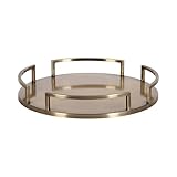 Kate and Laurel Gohana Round Tray with Metal Handles, 16 Inch Diameter, Antique Brass, Modern Glam Serving Tray with Handles for Use as Ottoman Topper or Living Room Decor