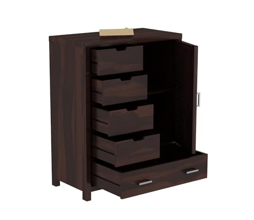 Image of Solid Sheesham Wood 5 Drawer Chest of Drawers with 2 Shelf Storage and Spacious Dresser for Hall Home Office Furniture, Kitchen Cabinet (Walnut Finish)