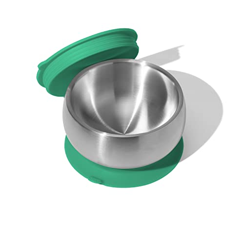 Image of Avanchy Baby Bowls with Suction and Storage Lids Set. Babies Kids Toddler Boys Girl First Food Feeding. Fits Feeding High Chair Table. Stainless Steel, Green