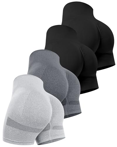 CHRLEISURE Women's 4 Packs Workout Gym Shorts, High Waisted Butt Lifting Scrunch Butt Seamless Booty Shorts(Black,Black,DGray,LGray,M)