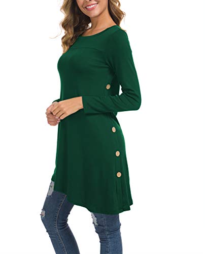 KORSIS Women's Long Sleeve Round Neck Button Side T Shirts Tunic Dress Deep Green L