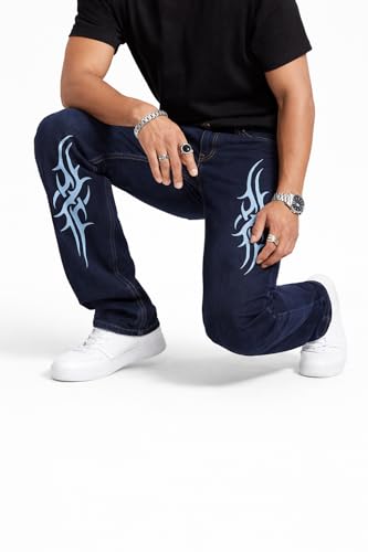 Image of Premium Men's Dark Blue Loose Fit Printed Jeans - Bold Tribal Graphic Streetwear Denim