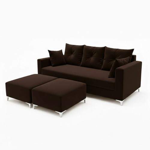 Image of Zora 5 Seater L Shape Sofa Set with 2 Movable Ottomans | Flexible Layout | Rich Velvet Suede Fabric | Silver Legs | Spacious Seating | Modern Sofa for Living Room (Dark Brown)