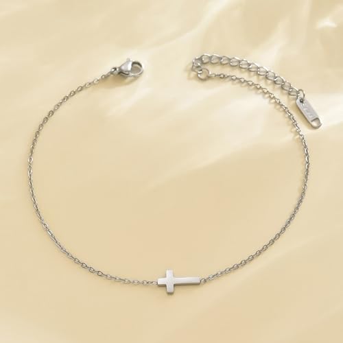 NONAMOIS Dainty White Gold Plated Cross Anklet for Women - Adjustable Waterproof Beach Foot Jewelry - Image 5