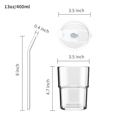 13oz/400ml Glass Water Tumbler with Straw and Lid Sealed Carry On Thick Wall Iced Coffee Cup Glass Cup for Water, Iced Tea Fruit Juice Etc(Aurora White