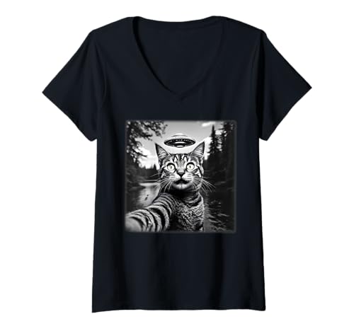 Mujer Lindo ovni Cat Alien Art Funny Sci Fi Space Design Camiseta Cuello V