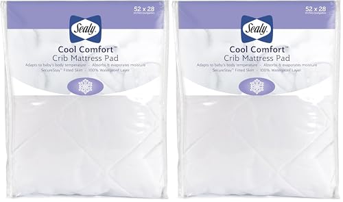 Image of Sealy Baby Cool Comfort Fitted Waterproof Infant Cooling Crib Mattress Protector Pad and Toddler Bed Cover, Durable and Comfortable Topper, Machine Washable and Dryer Friendly, 52 inch x 28 inch- White