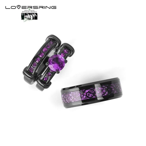 Couple Ring Bridal Set His Hers Black Gold Plated Blue CZ Stainless Steel Wedding Ring Band3