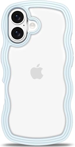Image of GoldKart iPhone 17 Case Wavy Edge Clear Back Design, Anti-Slip Grip Cute Wave Curly Frame Shape Shockproof Soft TPU & Hard PC Bumper Protective Phone Case Cover for Women Girls - Light Blue