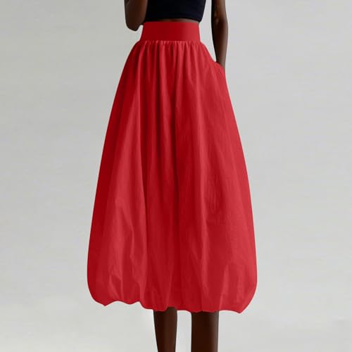 Women's Elastic Waist Skirts A Line Midi Bubble Casual Lantern Skirt Loose Fit Pleated Solid Fashion Skirts3