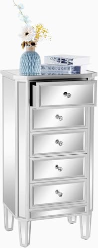 Image of VINGLI Mirrored Dresser 5 Drawers Modern Chest, Mirrored Chest of Drawers, Glass Dresser for Living Room, Silver