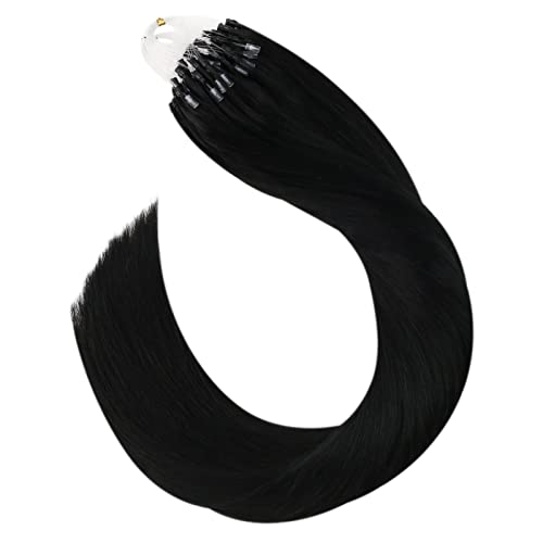 Ugeat Micro Loop Hair Extensions 24Inch Micro Bead Hair Extension Remy Hair 1G/Strand Micro Link Human Hair Extensions 50Gram Color #1 Jet Black Micro Ring Real Human Hair Extensions #TOP7