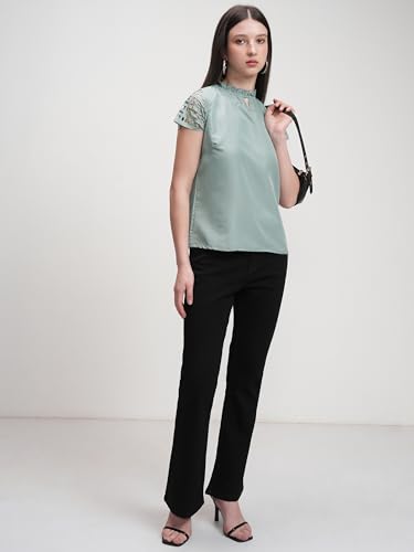 Image of Tokyo Talkies Women's Self-Design A-Line Top | Lace Short Sleeves | High Neck with Keyhole | Elegant & Feminine | Perfect for Casual Wear | Tops for Woman | Women Tops | Stylish Top