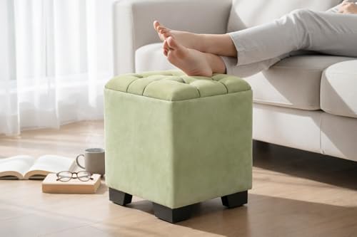 Image of Velvet Cube Ottoman | Seating Stool for Living Room | Soft Cushioned Footrest Stool with Durable Plastic Legs | Multipurpose Seating, Pouffe Home Decor, 12x12x14 inch (Light Green)