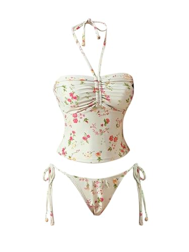 RoseSeek Women's 2 Piece Floral Halter Bathing Suit Tie Side Thongs Bikini Set Retro Modest Swimsuits White Medium