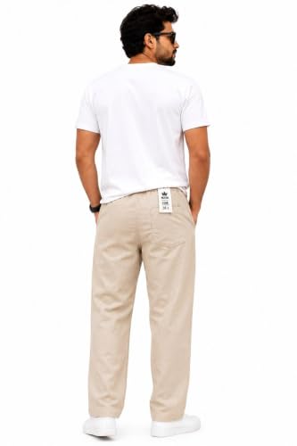 Image of MCSTAN Men's Linen Blend Cotton Pants Casual Relaxed Fit Lightweight Summer Trousers with Elastic Waist Drawstring and Pockets Beach Vacation Holidays