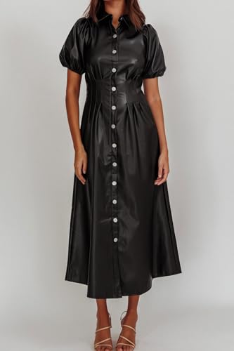Womens Faux Leather Lapel Collared Pleated Button Down Short Sleeve Tunic Midi Dress Casual A-line Long Dress2