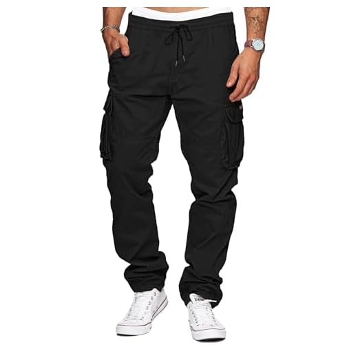 TARAINYA Cargohose Herren Baumwolle Baggy Hosen Stretch Outdoorhose mit Kordelzug und Taschen Schwarz L