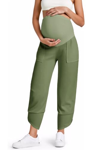 Yousify Womens Wide Leg Maternity Pants Casual Stretchy Ribbed Palazzo Pregnancy Trousers with Pockets Army Green