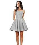Women's Sleeveless A-line Short Formal Gown Spaghetti Strap Satin Party Dress with Pockets Silver...