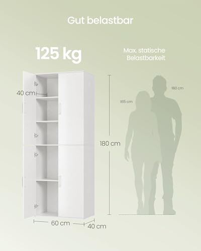 VASAGLE Mehrzweckschrank, mit 4 Türen, 5 Ablagen, Büroschrank, Aufbewahrungsschrank, Kleiderschrank, mit Griffen, Holzspanplatte, 60 x 40 x 180 cm, schneeweiß OFC091WE01
