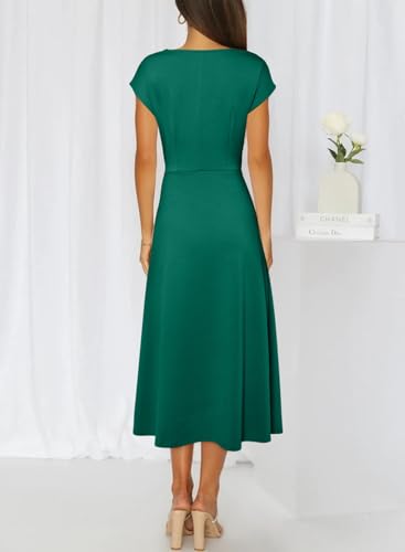 Happy Sailed Women's Spring Summer Short Sleeve Cowl Neck Ruched Waist Flowy A Line Midi Dresses Party Cocktail Dress