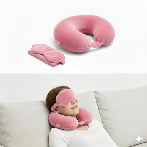 Image of Pink Travel Neck Pillow with Button Closure & Eye Mask Set | Soft Fiber Filled U-Shape Head & Neck Support Cushion for Airplane, Car & Office Use | Button Closure (Pink)