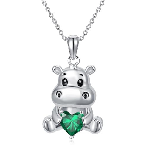 Image of PROESS Animal Birthstone Necklace 925 Sterling Silver Otter /Axolotl /Hippo /Elephant /Dachshund /Monkey /Red Panda Pendant Necklace Animal Birthstone Jewelry Gifts for Women
