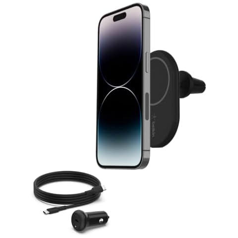 Belkin BoostCharge Wireless Charging Magnetic Car Phone Mount Holder, Compatible with MagSafe Enabled iPhone 14, 13, 12, Pro, Max, Mini, and More (Cable and Charger Included) Cover