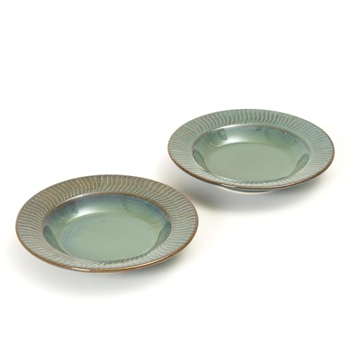 Image of Beyond Homes Ceramic Pasta Plates Shallow, 9.5 Inch, Set of 2 | Gloss Metallic Glaze | Ceramic Pasta Bowls | Stoneware Flat Pasta & Maggie Bowl | Chip-Resistant | Microwave Safe (2, Jade Green)