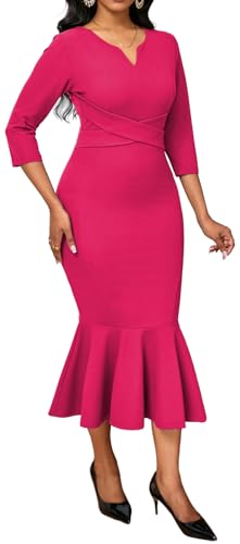Image of Elegant Dress for Women Sexy V Neck Long Sleeve Bodycon Midi Fishtail Dresses