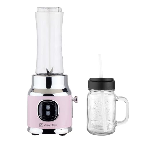 Culinary Chef, 300W Smoothie Maker Blender with 500ml Glass Mason Jar & 600ml BPA-Free Sports Bottle, Personal Smoothie Blender for Smoothies, Shakes, Frozen Fruit & Ice, Pink