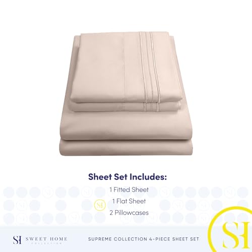 RV Queen Bed Sheets - Breathable Luxury Sheets with Full Elastic & Secure Corner Straps Built In - 1800 Supreme Collection Extra Soft Deep Pocket Bedding Set, Sheet Set, RV Short Queen, Beige