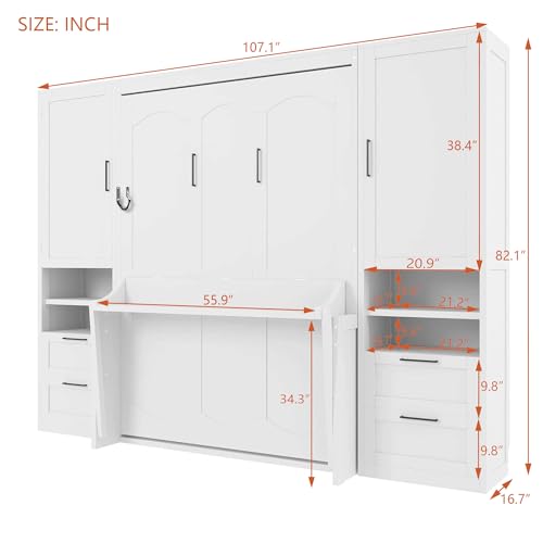 Image of Merax Full Size Murphy Bed with Desk, Closet, Drawers and Shelves, Multifunctional Foldable Wood Platform Bed Frame for Small Spaces Studio Study Office Guest Room, Space-Saving Design, White