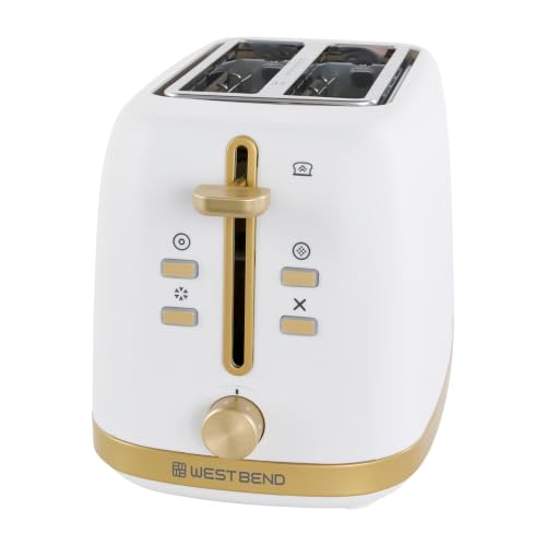 Image of West Bend Timeless 2-Slice Toaster with 7 Browning Levels, Bagel /Waffle /Defrost Settings, High-Lift Lever, Anti-Jam, Easy-Clean Crumb Tray, 2-Slice, White /Gold