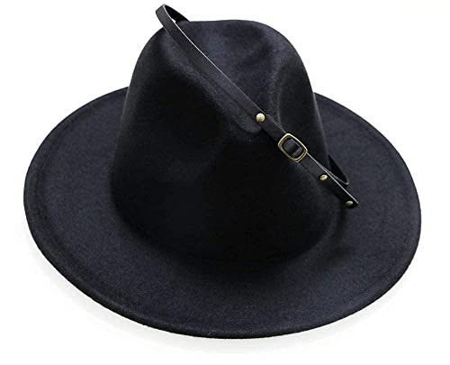 Girls Felt-Fedora-Hat Classic Wide Brim Belt-Buckle Panama Hat For Kids 7-15 Years (Black, 6-12 Years) #TOP4